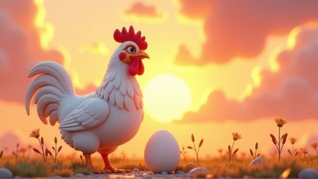 Cartoon Rooster at Sunrise with Egg, generative Aiの素材