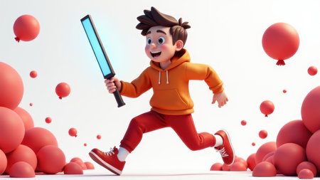 Boy Running with Light Saber and Balloons, generative Aiの素材