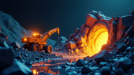 Excavator Mining Glowing Cave, 3D Render, Sci-Fi Landscapeの素材