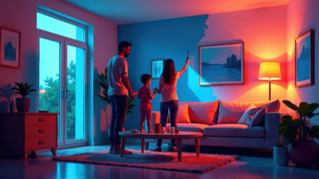 Family Painting Living Room Walls Together at Nightの素材