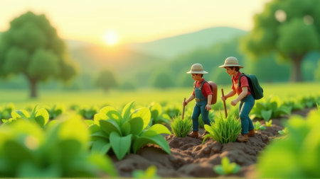 Miniature Hikers Exploring Lush Green Field at Sunsetの素材