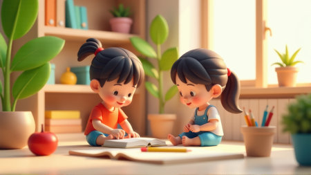 Adorable Cartoon Twins Reading a Book Together in a Cozy Room, generative Aiの素材