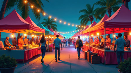 Night Market at Tropical Beach - Illuminated Street Food Stalls and Palm Trees, generative Aiの素材