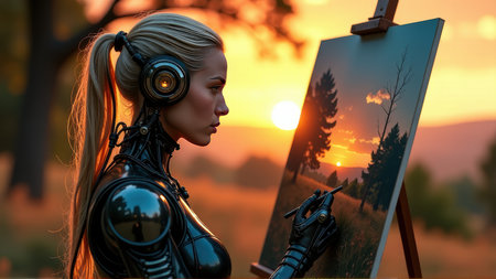 Cyborg Woman Artist Painting Sunset Landscape at Easel, generative Aiの素材