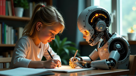 Girl and Robot Learning Together Future of Education Stock Photo, generative Aiの素材