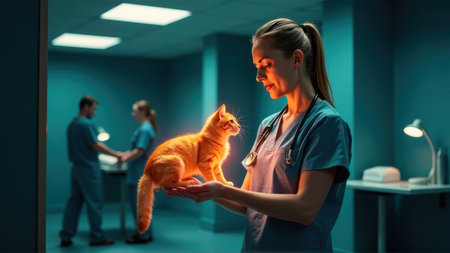 Veterinarian Examining Adorable Ginger Kitten in Clinic, generative Aiの素材