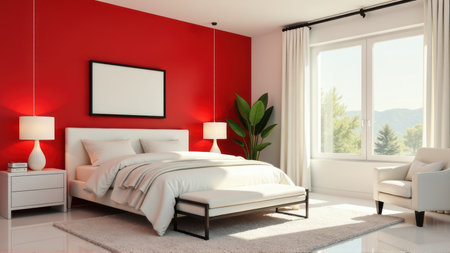 Modern Red and White Bedroom Interior Design with Large Window, generative Aiの素材