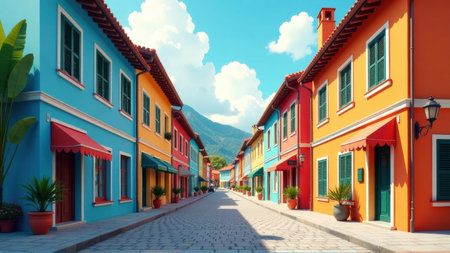 Colorful Mediterranean Street Scene - Sunny Day in a Picturesque Town, generative Aiの素材