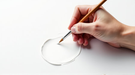 Hand Painting White Circle with Paintbrush on White Canvas, generative Aiの素材
