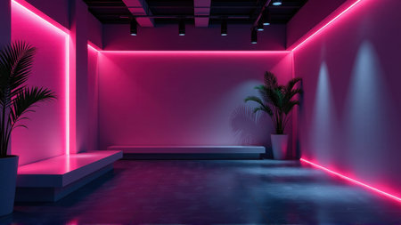 Neon Pink and Blue Room Interior with Plants and Bench, generative Aiの素材