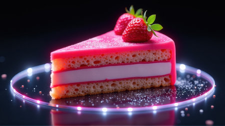 Delicious Pink Strawberry Cake Slice on Neon Light., generative Aiの素材