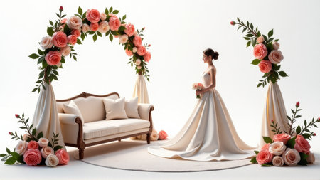 Elegant Bride Posing Near a Floral Wedding Arch and Sofa, generative Aiの素材