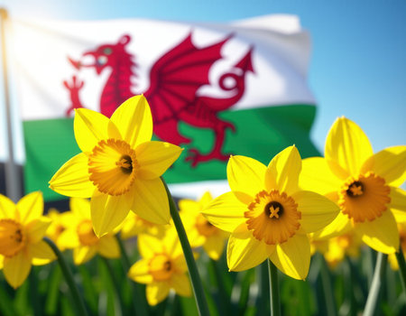Welsh Daffodils and Flag Spring in Walesの素材