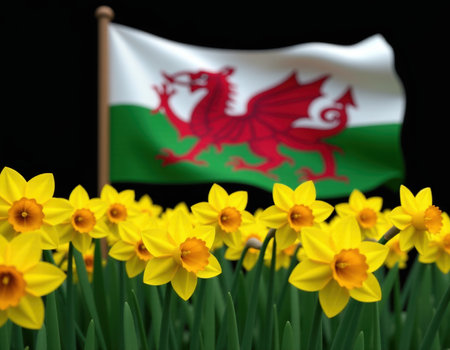 Welsh Daffodils and Flag Celebrating St David's Dayの素材