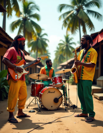 Reggae Band Playing Music on Tropical Beach, generative Aiの素材