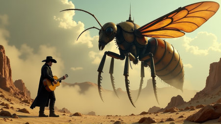 Cowboy Plays Guitar to Giant Steampunk Wasp in Desert Landscape, generative Aiの素材