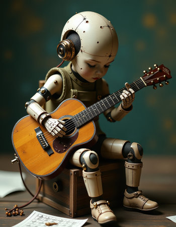 Robotic Boy Playing Acoustic Guitar - Steampunk Music Concept, generative Aiの素材