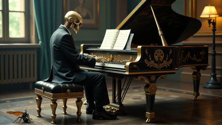 Skeleton Pianist in Elegant Setting - 3D Render, generative Aiの素材