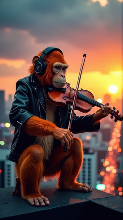 Stylish Monkey Musician Playing Violin on City Rooftop at Sunset, generative Aiの素材