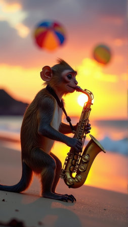 Whimsical Monkey Playing Saxophone on Tropical Sunset Beach, generative Aiの素材