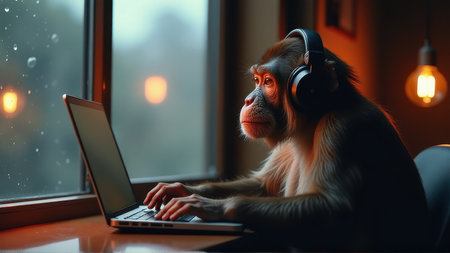 Intelligent Monkey Working on Laptop with Headphones, generative Aiの素材