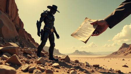Futuristic Cowboy Receives Ancient Document in Desolate Landscape, generative Aiの素材