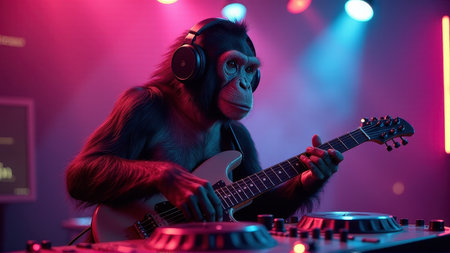 Rockstar Chimpanzee Playing Electric Guitar in Neon Music Studio, generative Aiの素材