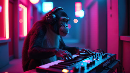 Cool Chimpanzee DJ Playing Synthesizer in Neon Cyberpunk Lights, generative Aiの素材