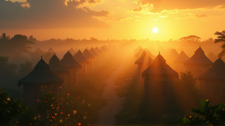 African Village at Golden Hour Traditional Huts Bathed in Misty Sunrise, generative Aiの素材