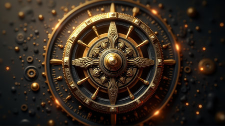 Ornate Golden Mechanical Compass Wheel Abstract Background, generative Aiの素材
