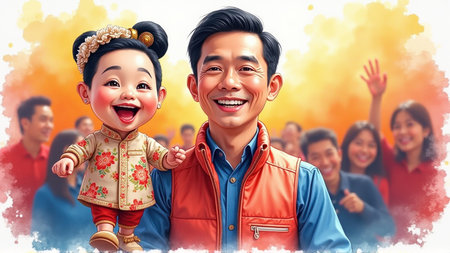 Joyful Asian Father and Adorable Baby Daughter at Cultural Celebration, generative Aiの素材