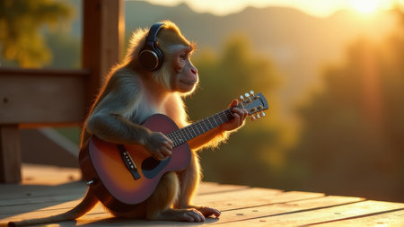 Monkey Playing Guitar with Headphones at Golden Sunset, generative Aiの素材