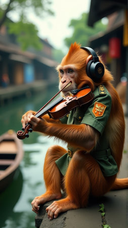 Whimsical Monkey Musician Playing Violin with Headphones by Canal, generative Aiの素材