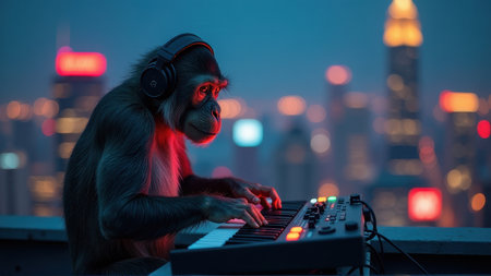 Futuristic Monkey DJ Playing Keyboard on City Rooftop, generative Aiの素材