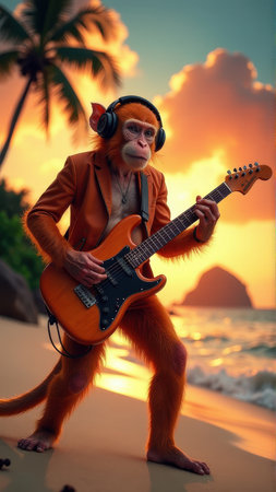 Monkey Rock Star Playing Electric Guitar on Tropical Beach at Sunset, generative Aiの素材