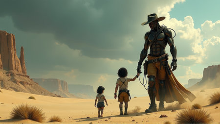 Giant Cyborg Cowboy Guiding Children Through Desert Landscape, generative Aiの素材
