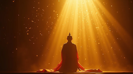 Meditating Monk Bathed in Golden Light Rays, generative Aiの素材