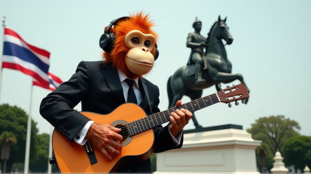 Man in Monkey Mask Playing Guitar in Thailand, generative Aiの素材
