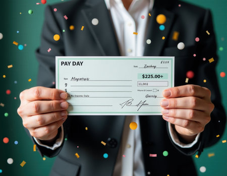 Happy Pay Day Business Professional Holding Check with Confetti, generative Aiの素材