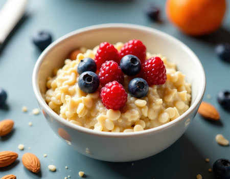 Healthy Breakfast Porridge Bowl with Fresh Berries and Almonds, generative Aiの素材