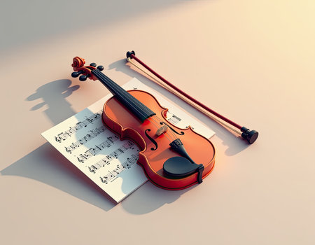 Classic Violin with Bow and Sheet Music on Light Background, generative Aiの素材