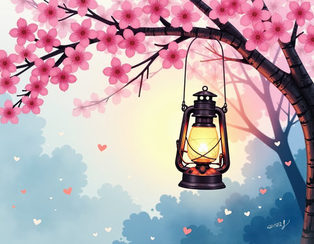 Romantic Cherry Blossom Tree with Glowing Lantern and Hearts, generative Aiの素材