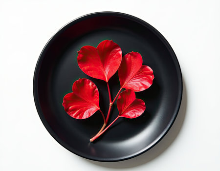 Red Heart-Shaped Leaves on Black Plate for Love & Minimalist Design, generative Aiの素材