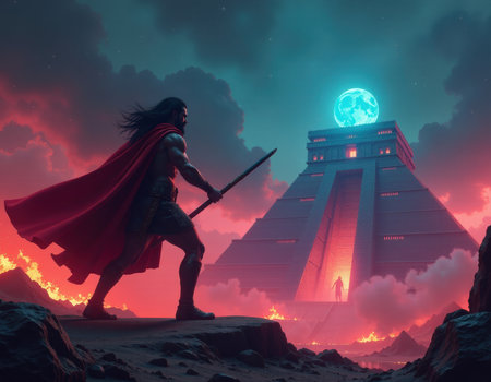 Epic Warrior at Ancient Pyramid under Mystical Moon and Fiery Sky, generative Aiの素材