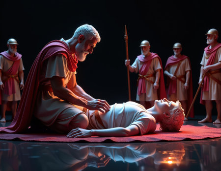 Elderly Roman Healer Attends to Patient, Watched by Soldiers, generative Aiの素材