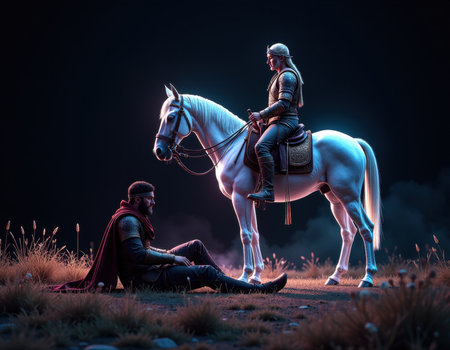 Epic Fantasy King and Warrior with Majestic White Horse, generative Aiの素材