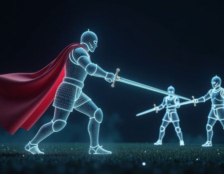 Digital Knight Battle Futuristic Wireframe Warriors, generative Aiの素材
