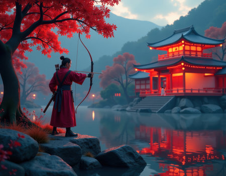 Traditional Japanese Archer at Serene Temple in Autumn Landscape, generative Aiの素材