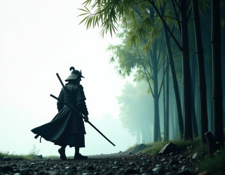 Lone Samurai Warrior Walking Through Misty Bamboo Forest, generative Aiの素材