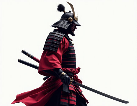 Samurai Warrior in Traditional Red Armor with Katana Sword on White Background, generative Aiの素材